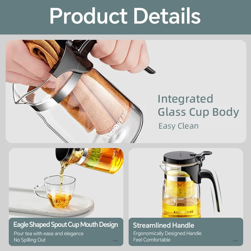 KAMJOVE Teapot Infuser Glass Tea Set One-button Filtering Tea Separation Kettle Tea Coffee Maker Press AUTO-OPEN Art Tea Cup