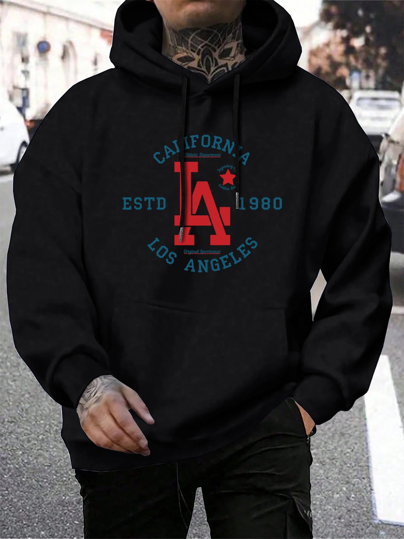 California Estd 1980 Los Angeles Print Mens Pullover Casual Loose Hoody Simple Fleece Man Hooded Street Crewneck Autumn Clothing