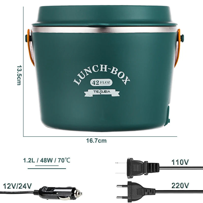 School Office Car Picnic Electric Heating Lunch Box Stainless Steel Portable Adult Food Warmer Container 220V 110V 24V 12V 1.2L