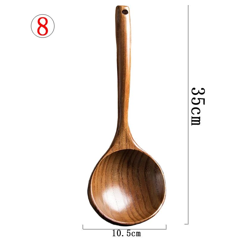 1~9PCS Thailand Teak Natural Wood Tableware Spoon Ladle Turner Long Rice Colander Soup Skimmer Cooking Spoons Scoop Kitchen Tool