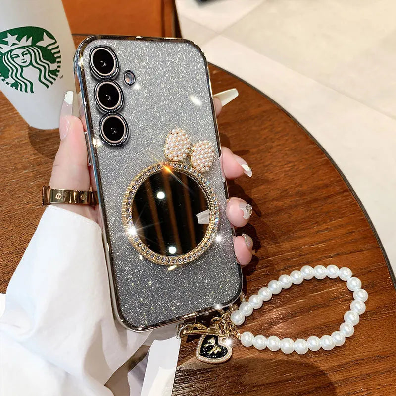 M 35 5G Luxury Glitter With Pearl Lanyard Case For Samsung Galaxy M35 A15 A16 A35 A55 M55 A06 A54 A34 A13 A14 A05 S Mirror Cover