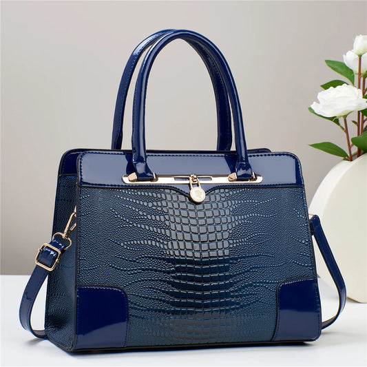 Crocodile Pattern Handbag, Women Large Capacity Crossbody Bag, Fashion Glossy Satchel Purse