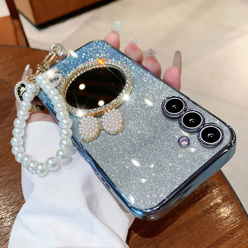 M 35 5G Luxury Glitter With Pearl Lanyard Case For Samsung Galaxy M35 A15 A16 A35 A55 M55 A06 A54 A34 A13 A14 A05 S Mirror Cover