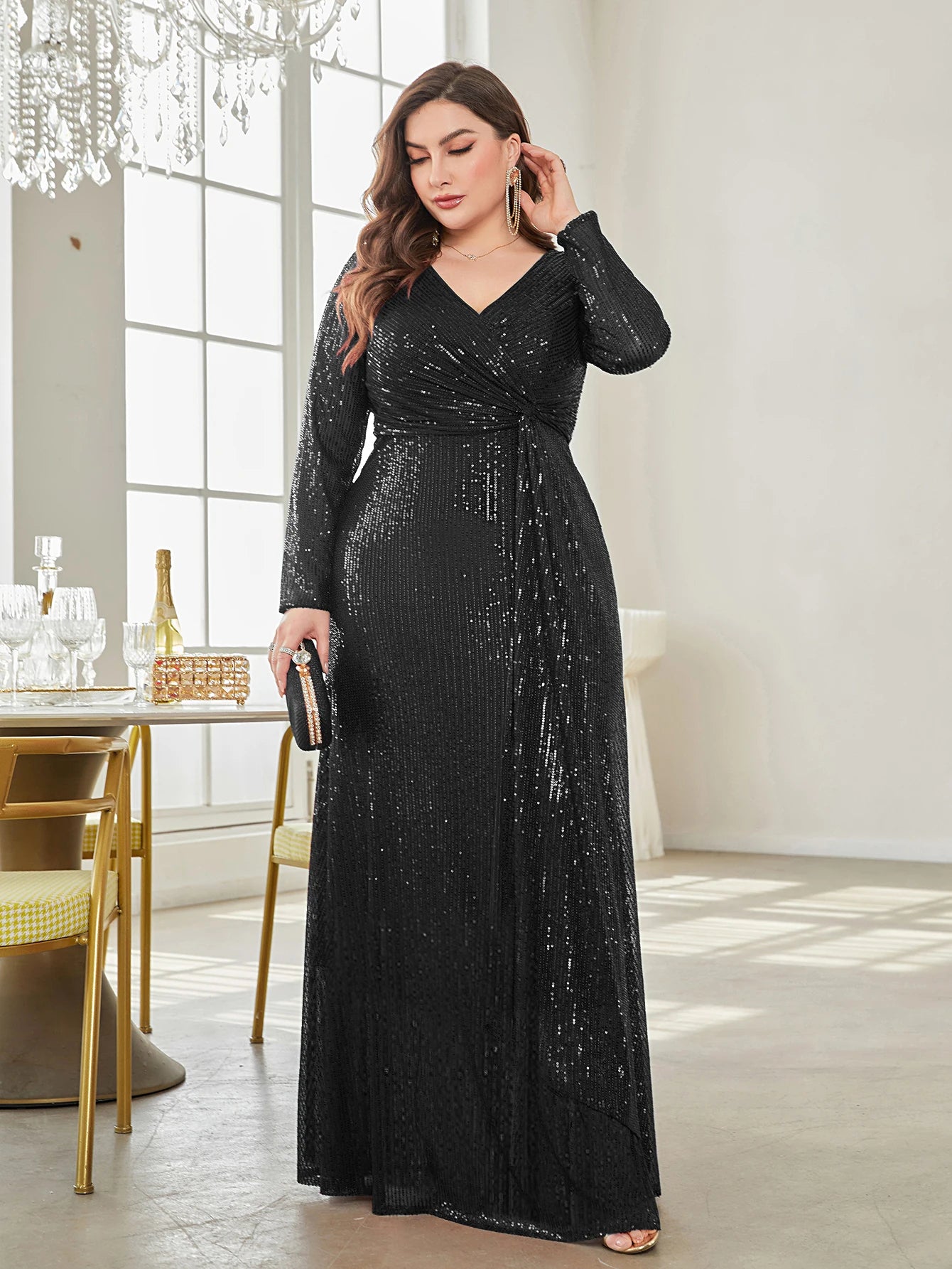 XUIBOL Glamorous sequin party dress with a luxurious V-neck and long sleeves evening gown.