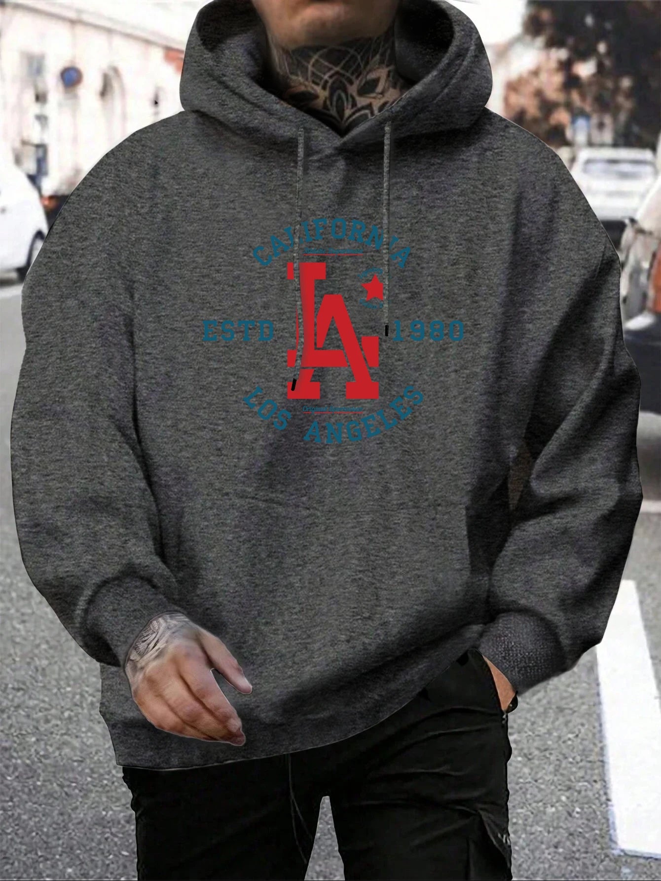 California Estd 1980 Los Angeles Print Mens Pullover Casual Loose Hoody Simple Fleece Man Hooded Street Crewneck Autumn Clothing