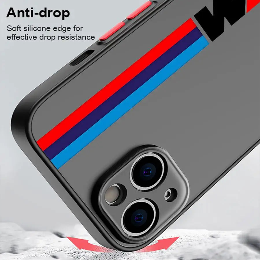 Red Blue Bars M Logo Phone Case for iPhone 16 Pro 11 12 Mini 13 14 Pro 15 Pro Max 7 8 Plus XR XS MAX Black Soft Edge Cover