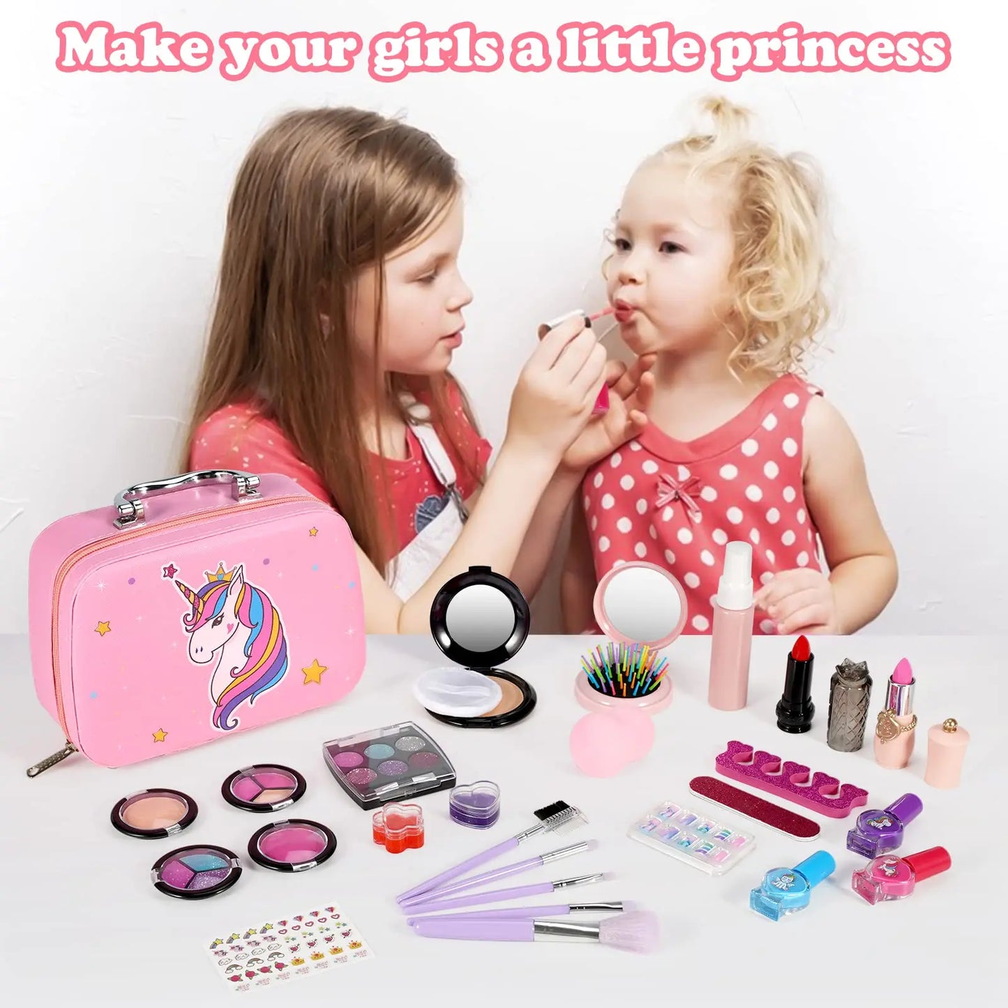 Children's make-up set for girls, 27 pieces washable cosmetic set with make-up case for children, role play toy and present