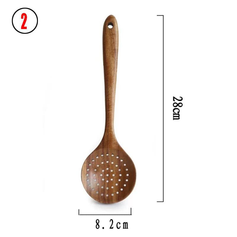 1~9PCS Thailand Teak Natural Wood Tableware Spoon Ladle Turner Long Rice Colander Soup Skimmer Cooking Spoons Scoop Kitchen Tool