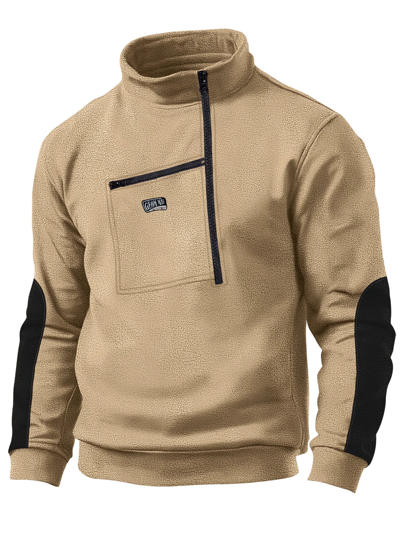 Men's autumn and winter casual winter fleece stand collar half zip long sleeve tactical pocket embroidered hoodie jumper