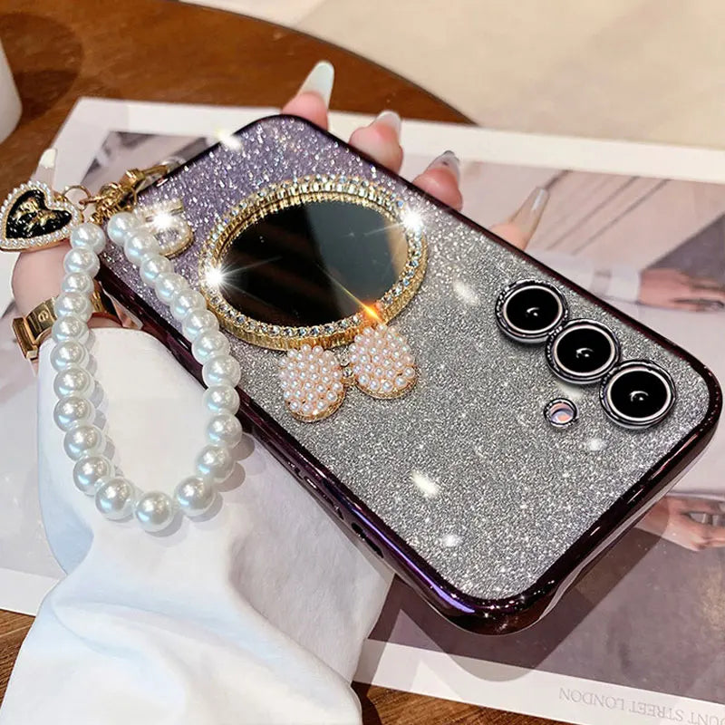 M 35 5G Luxury Glitter With Pearl Lanyard Case For Samsung Galaxy M35 A15 A16 A35 A55 M55 A06 A54 A34 A13 A14 A05 S Mirror Cover