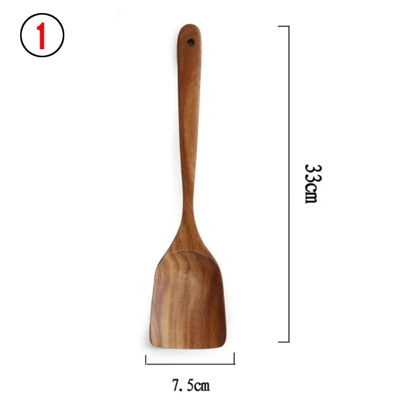 1~9PCS Thailand Teak Natural Wood Tableware Spoon Ladle Turner Long Rice Colander Soup Skimmer Cooking Spoons Scoop Kitchen Tool