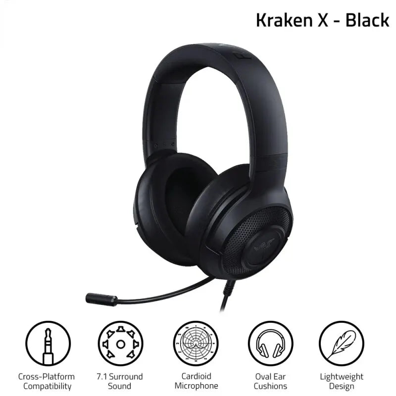 Razer Kraken X Essential Gaming Headset 7.1 Surround Sound Headphone Bendable Cardioid Microphone 40mm Driver Unit Headphones