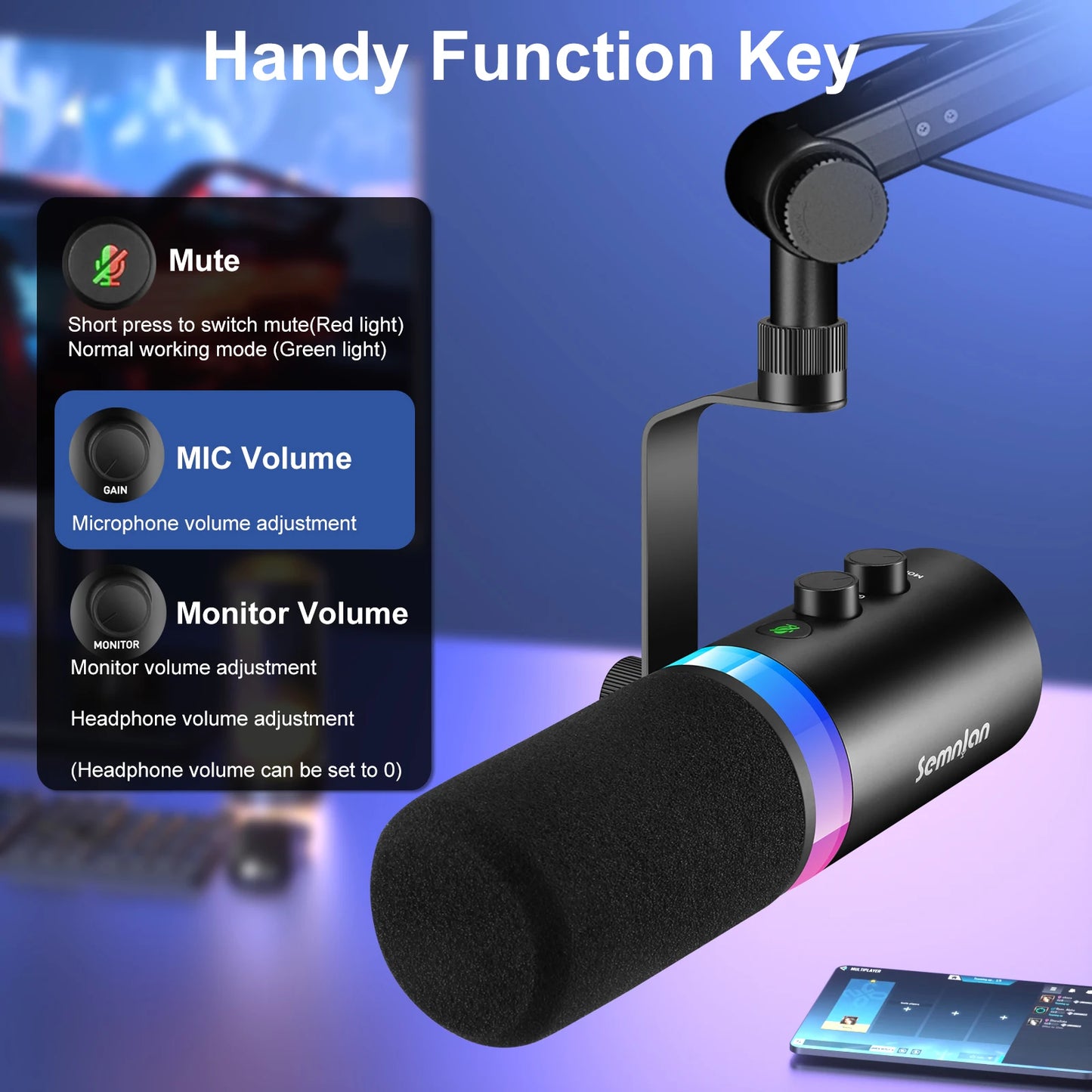 SEMNLAN USB/XLR Dynamic Microphone Touch-mute Headphone Jack&Volume Control,for Youtube PC Game Sound Card Recording Metal -LM20