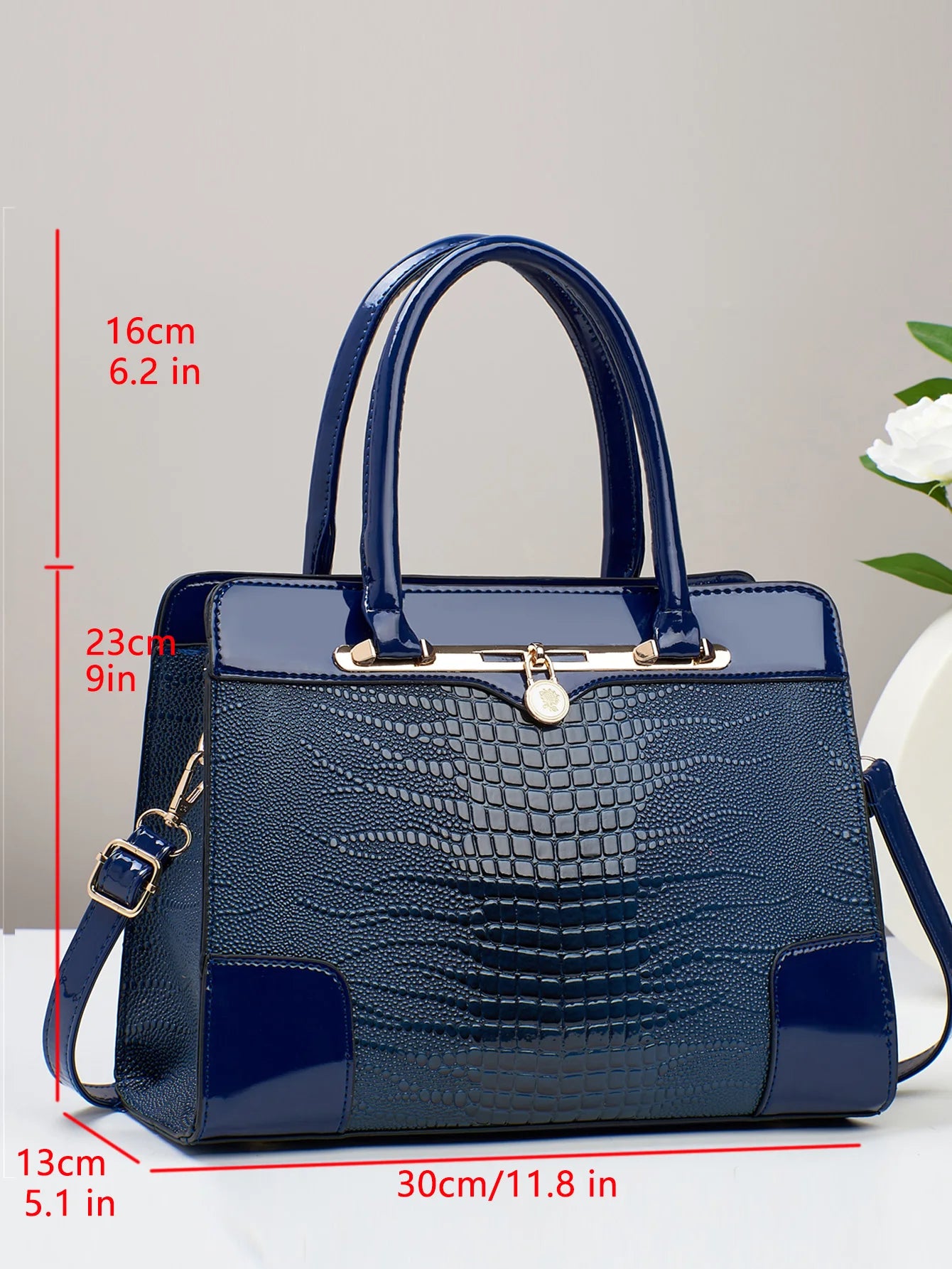 Crocodile Pattern Handbag, Women Large Capacity Crossbody Bag, Fashion Glossy Satchel Purse