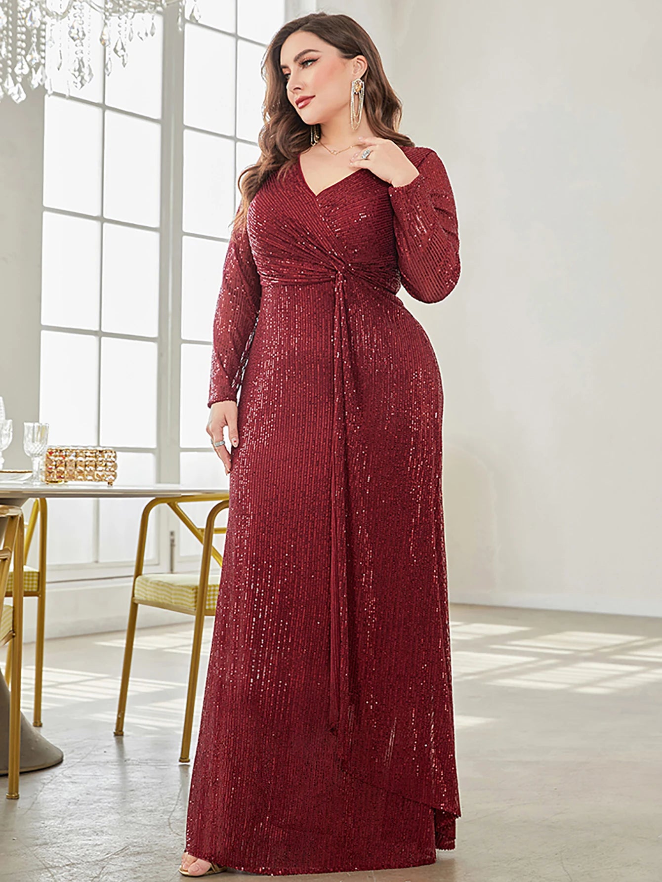 XUIBOL Glamorous sequin party dress with a luxurious V-neck and long sleeves evening gown.