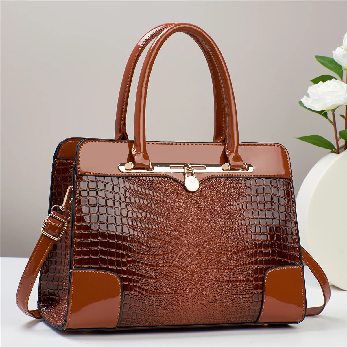 Crocodile Pattern Handbag, Women Large Capacity Crossbody Bag, Fashion Glossy Satchel Purse