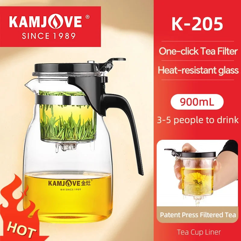 KAMJOVE Teapot Infuser Glass Tea Set One-button Filtering Tea Separation Kettle Tea Coffee Maker Press AUTO-OPEN Art Tea Cup