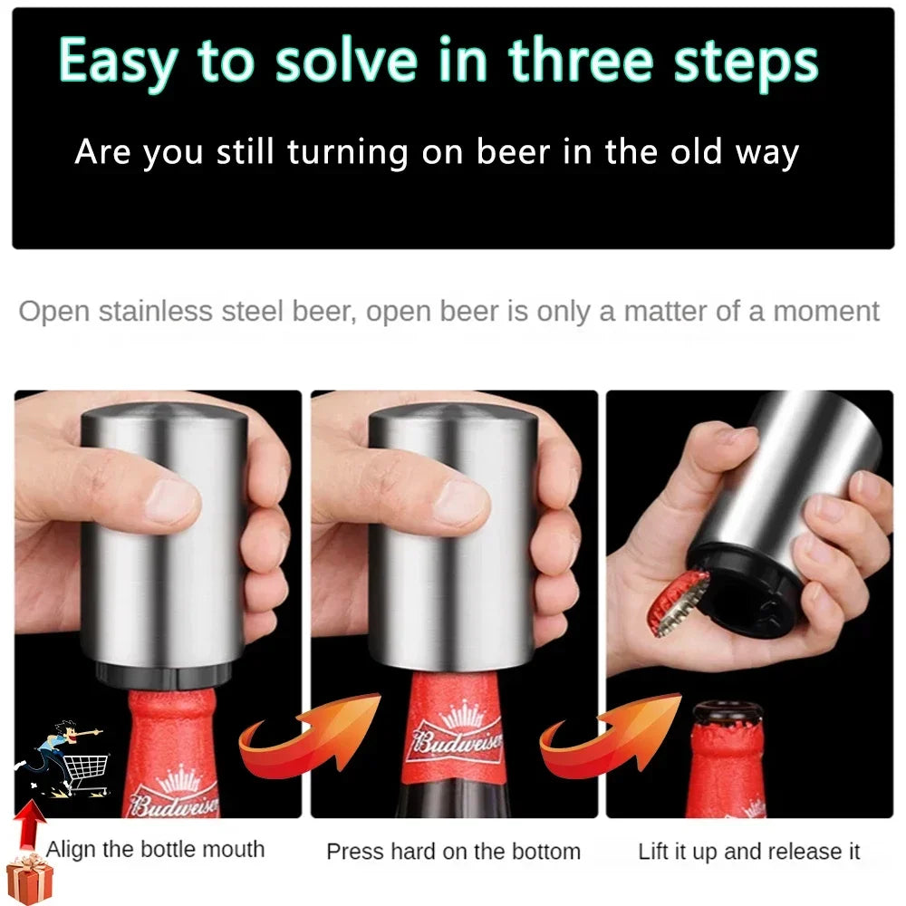 Automatic Beer Bottle Opener,Magnet Beer Opener,Stainless Steel Push Down Opener Wine Beer Soda Cap Opener Kitchen Accessorie