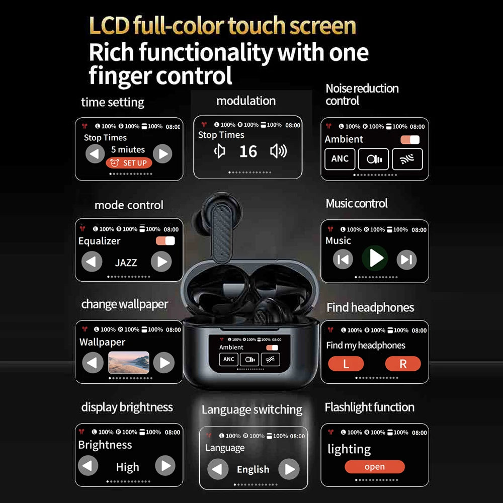 LCD Touch Screen Headsets Bluetooth 5.4 Headphones Wireless Earphones HiFi Stereo Noise Reduction Equalizer Super Bass Earbuds