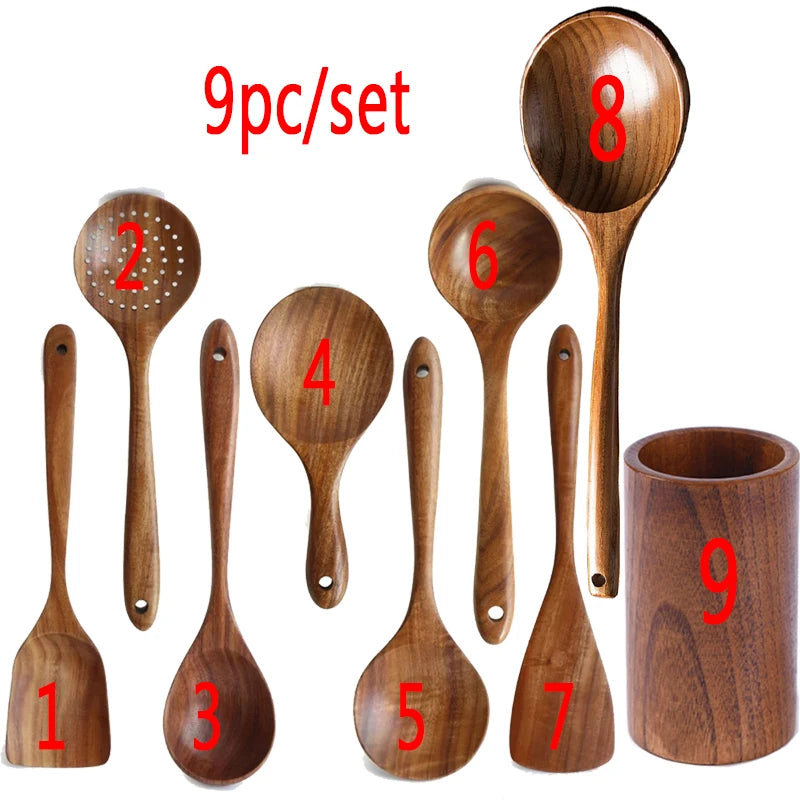 1~9PCS Thailand Teak Natural Wood Tableware Spoon Ladle Turner Long Rice Colander Soup Skimmer Cooking Spoons Scoop Kitchen Tool