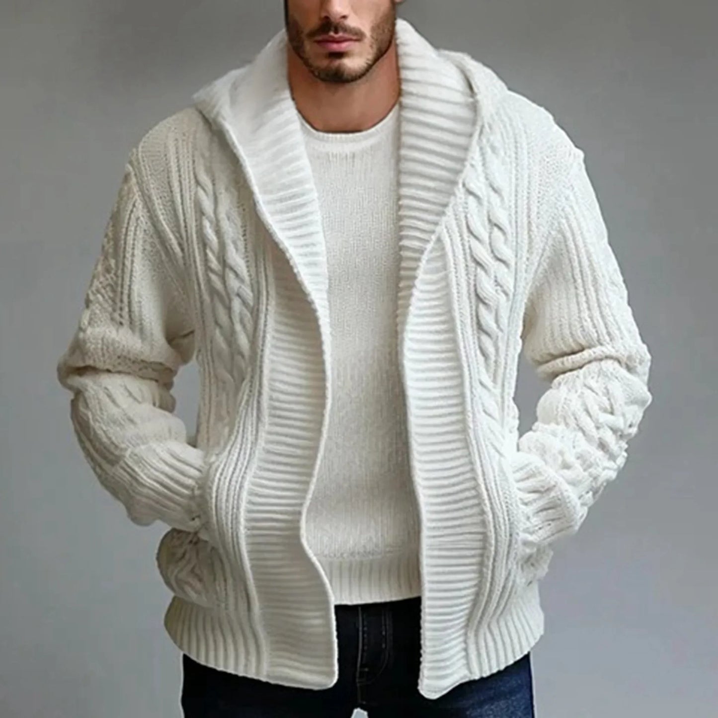 Men Cardigan Sweaters Hooded Coat Full Sleeve Solid Coats Casual Loose Outerwear Splice Open Stitch Autumn Winter 2024