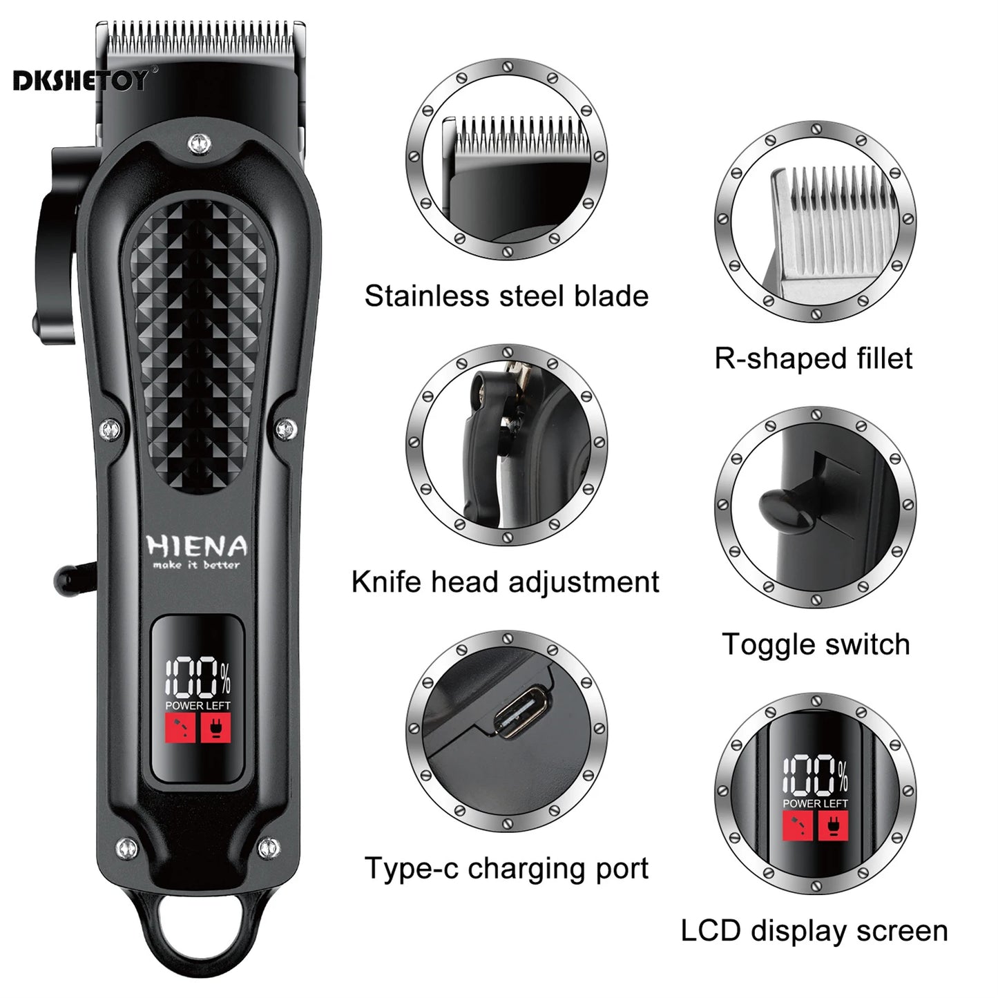 HIENA Electric Hair Clipper Barber Finish Cutting Machine usb Rechargeable Cordless Beard Trimmer Wet and Dry haircut HYN-212