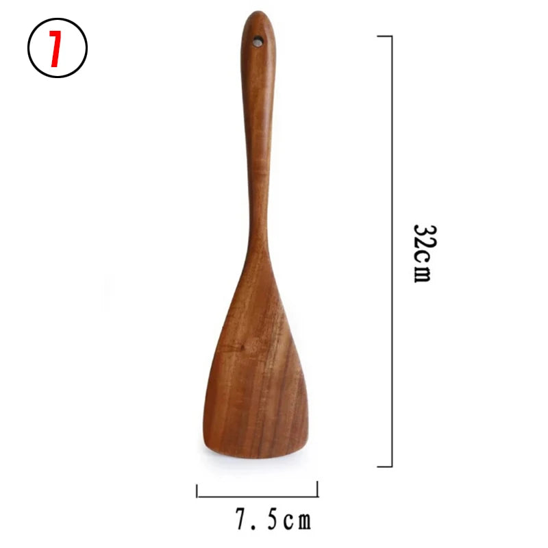 1~9PCS Thailand Teak Natural Wood Tableware Spoon Ladle Turner Long Rice Colander Soup Skimmer Cooking Spoons Scoop Kitchen Tool