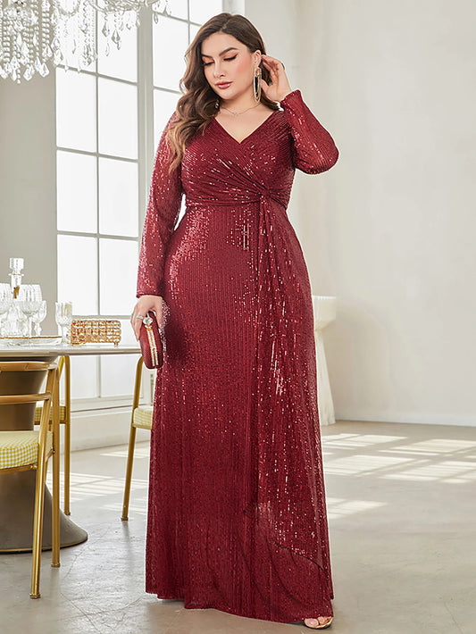 XUIBOL Glamorous sequin party dress with a luxurious V-neck and long sleeves evening gown.