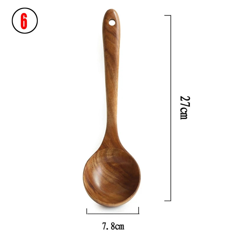 1~9PCS Thailand Teak Natural Wood Tableware Spoon Ladle Turner Long Rice Colander Soup Skimmer Cooking Spoons Scoop Kitchen Tool