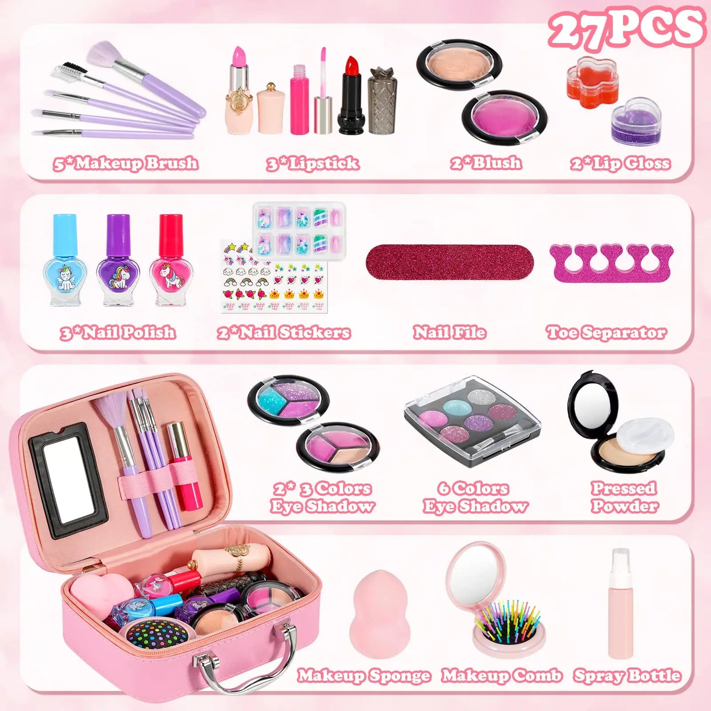 Children's make-up set for girls, 27 pieces washable cosmetic set with make-up case for children, role play toy and present