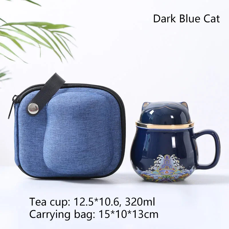 Portable Porcelain Cloisonne Tea Mugs Creative Cat Ceramic Tea Cup Set Pot with Strainers Cute Cat/Mouse Teapots