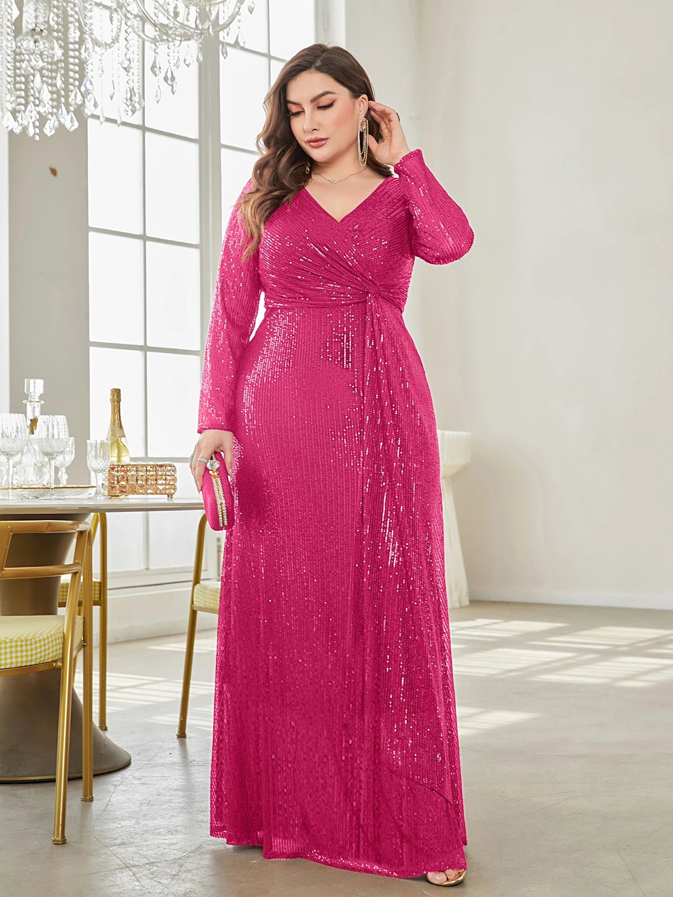 XUIBOL Glamorous sequin party dress with a luxurious V-neck and long sleeves evening gown.