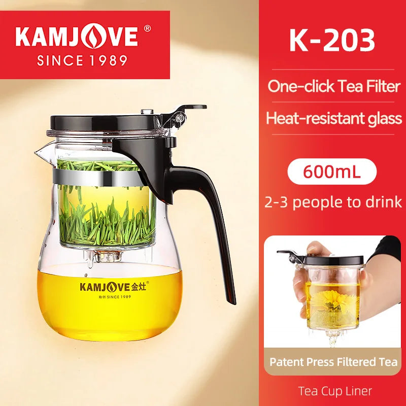 KAMJOVE Teapot Infuser Glass Tea Set One-button Filtering Tea Separation Kettle Tea Coffee Maker Press AUTO-OPEN Art Tea Cup