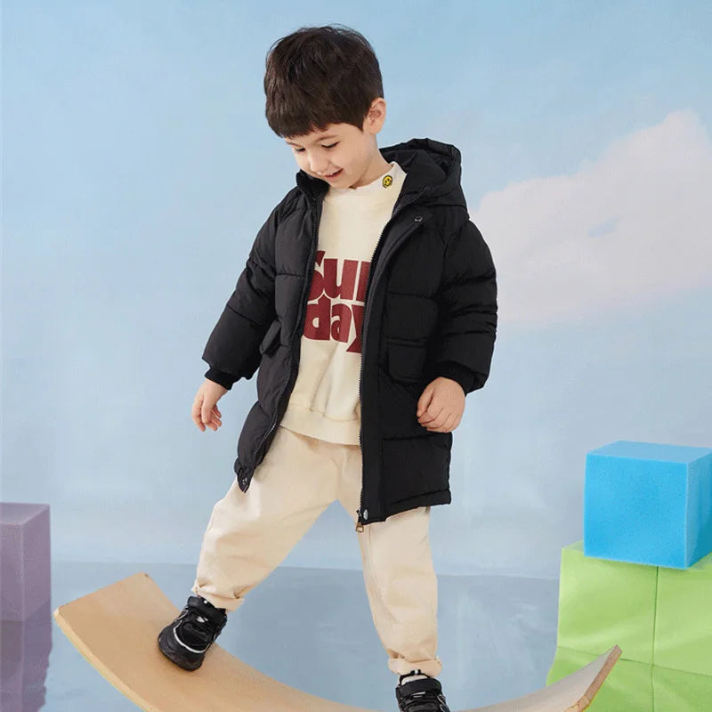 Boys Girls Warm Down Coat Kids Thickened Hooded Jackets Children's Winter Cotton Clothing Solid Colour Casual Parkas 3-10 Years