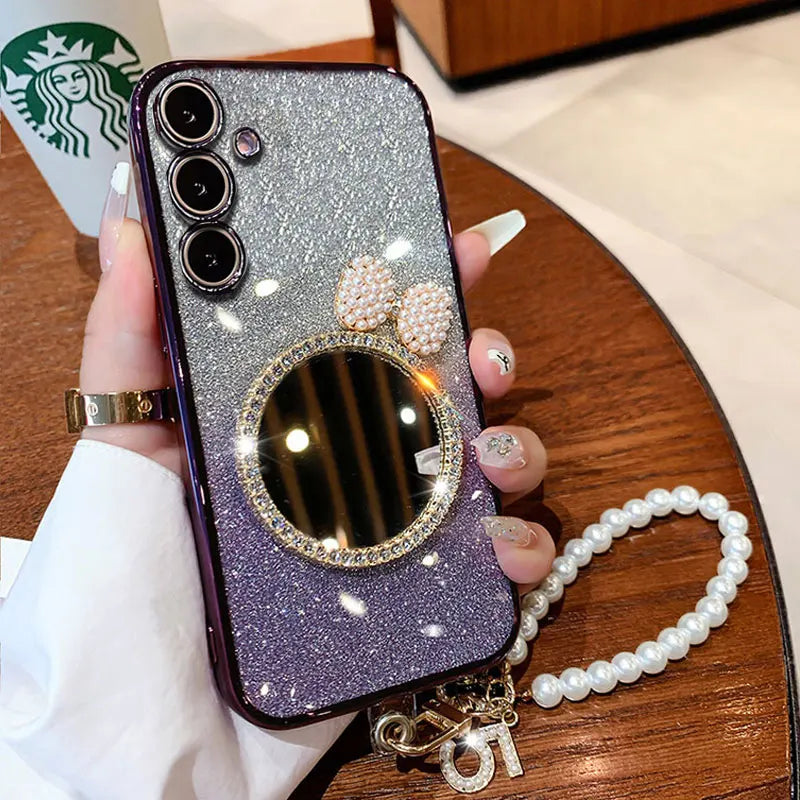 M 35 5G Luxury Glitter With Pearl Lanyard Case For Samsung Galaxy M35 A15 A16 A35 A55 M55 A06 A54 A34 A13 A14 A05 S Mirror Cover