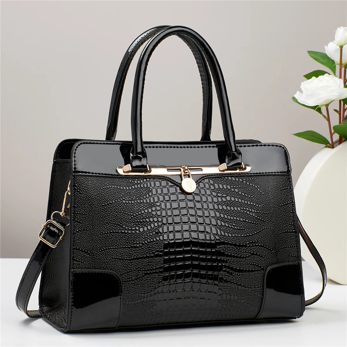 Crocodile Pattern Handbag, Women Large Capacity Crossbody Bag, Fashion Glossy Satchel Purse