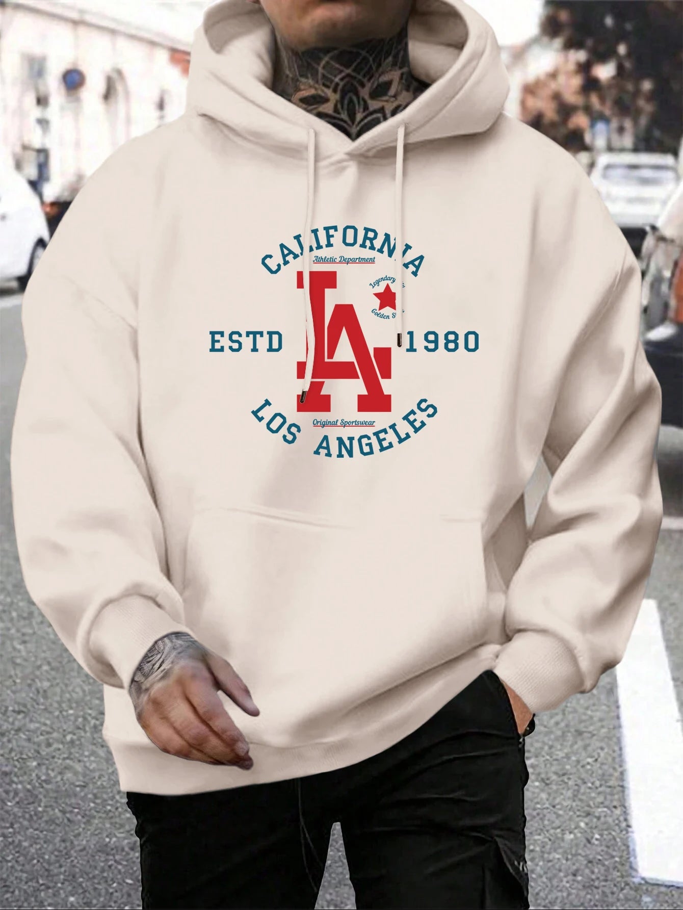 California Estd 1980 Los Angeles Print Mens Pullover Casual Loose Hoody Simple Fleece Man Hooded Street Crewneck Autumn Clothing