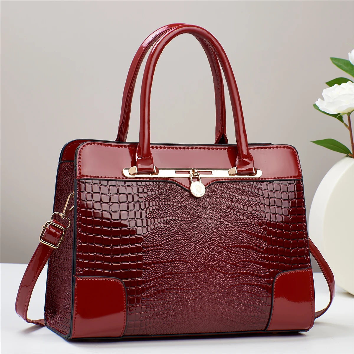 Crocodile Pattern Handbag, Women Large Capacity Crossbody Bag, Fashion Glossy Satchel Purse