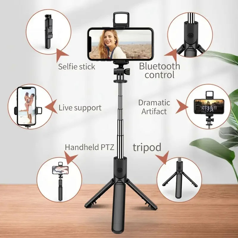 All In One Expandable Portable IPhone Tripod Selfie Stick Selfie Stick With Remote With Detachable BT Wireless Remote Compatible