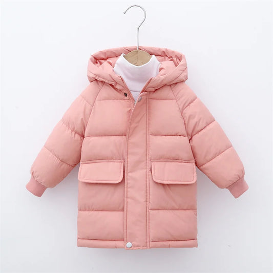 Boys Girls Warm Down Coat Kids Thickened Hooded Jackets Children's Winter Cotton Clothing Solid Colour Casual Parkas 3-10 Years