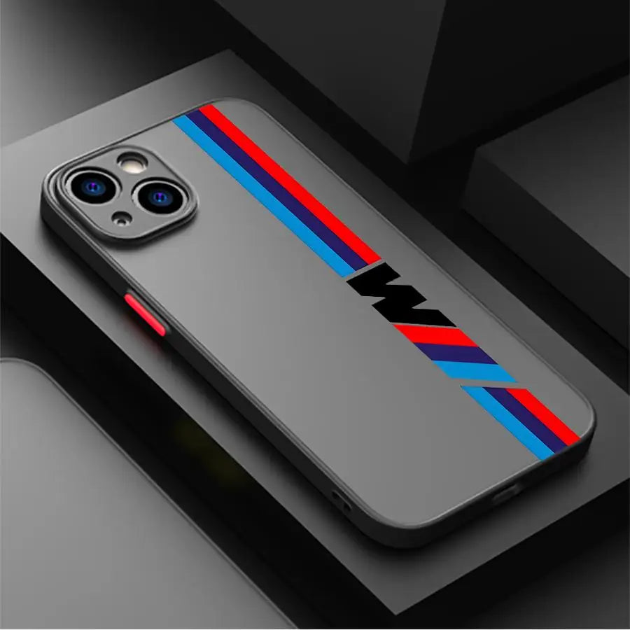 Red Blue Bars M Logo Phone Case for iPhone 16 Pro 11 12 Mini 13 14 Pro 15 Pro Max 7 8 Plus XR XS MAX Black Soft Edge Cover