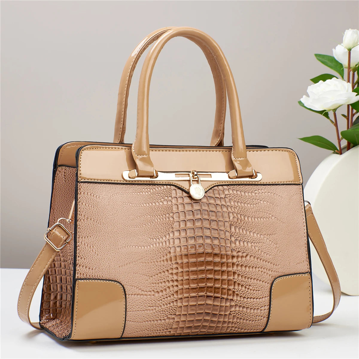 Crocodile Pattern Handbag, Women Large Capacity Crossbody Bag, Fashion Glossy Satchel Purse