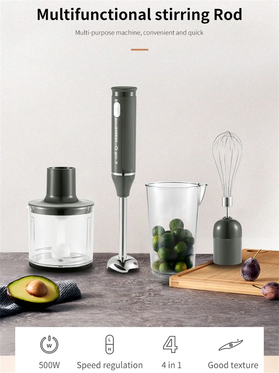 4-In-1 Handheld Blender Set, Including Multi-Function Stick Blender, Whisk, Chopper And Beaker, Suitable For Food Processing & B