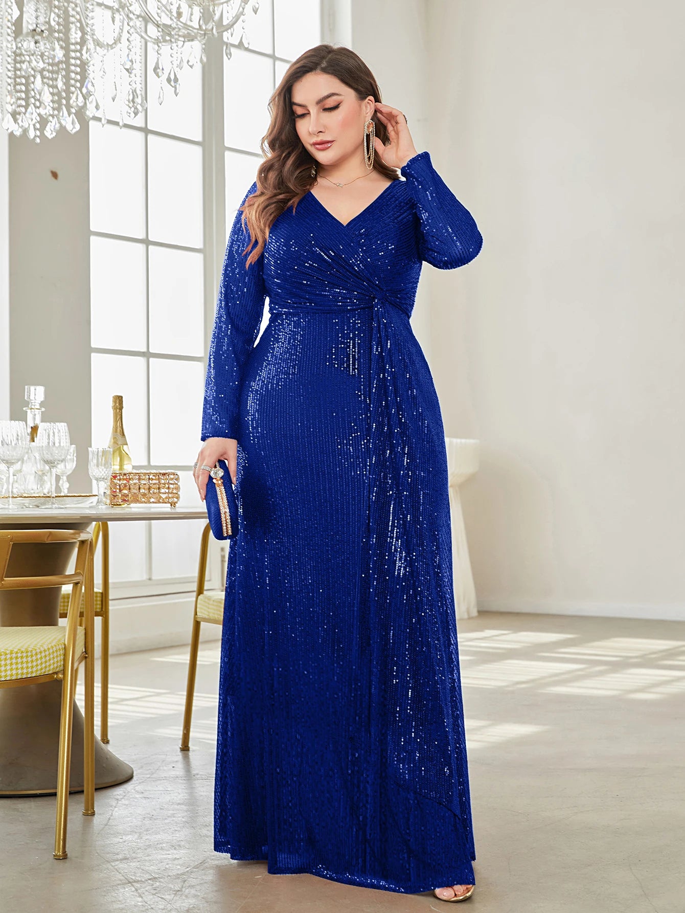 XUIBOL Glamorous sequin party dress with a luxurious V-neck and long sleeves evening gown.