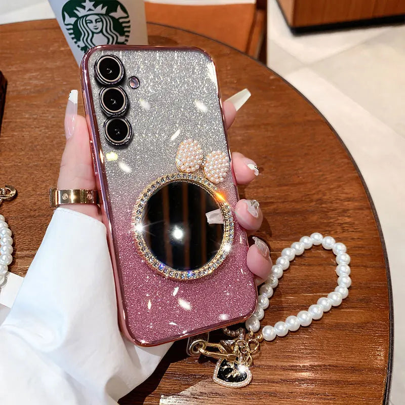 M 35 5G Luxury Glitter With Pearl Lanyard Case For Samsung Galaxy M35 A15 A16 A35 A55 M55 A06 A54 A34 A13 A14 A05 S Mirror Cover