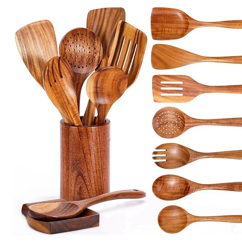 Natural Teak Cooking Spoon Scoop Kitchen Wooden Spatula Non-stick Utensils Set For Cooking With Hanging Hooks Cookware Tool Set