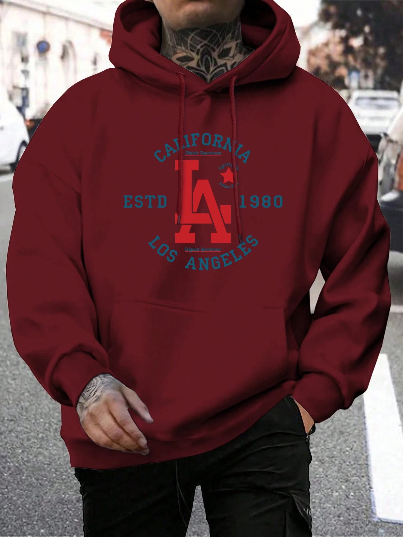 California Estd 1980 Los Angeles Print Mens Pullover Casual Loose Hoody Simple Fleece Man Hooded Street Crewneck Autumn Clothing