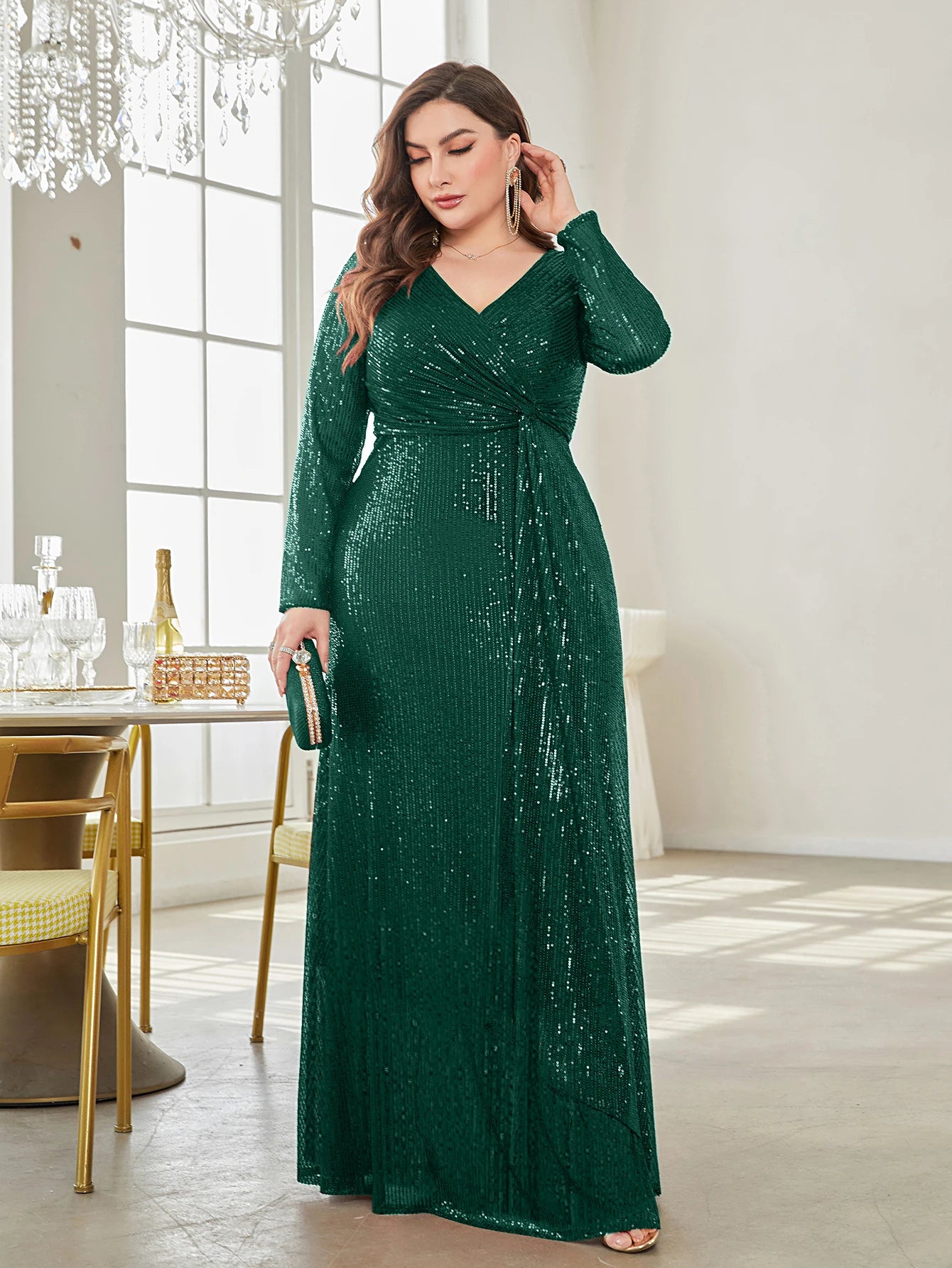 XUIBOL Glamorous sequin party dress with a luxurious V-neck and long sleeves evening gown.