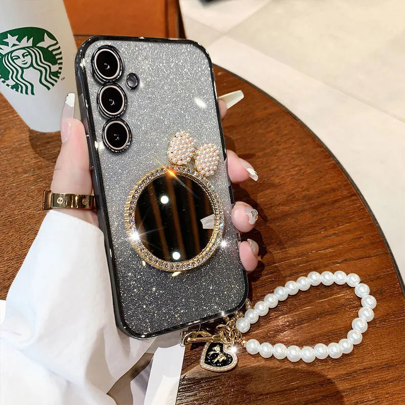 M 35 5G Luxury Glitter With Pearl Lanyard Case For Samsung Galaxy M35 A15 A16 A35 A55 M55 A06 A54 A34 A13 A14 A05 S Mirror Cover