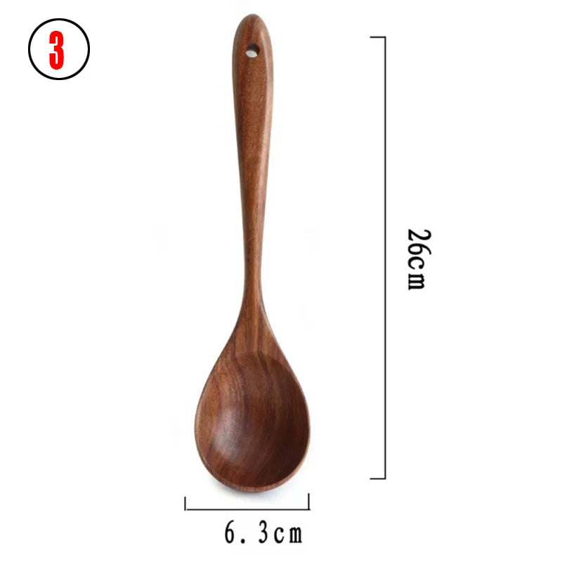 1~9PCS Thailand Teak Natural Wood Tableware Spoon Ladle Turner Long Rice Colander Soup Skimmer Cooking Spoons Scoop Kitchen Tool